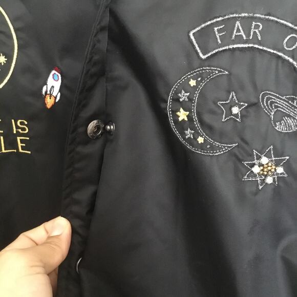 Torrid Satin Embroidered Sequin Patches Glitter Black Bomber Jacket Sz 1 Medium - Picture 7 of 9